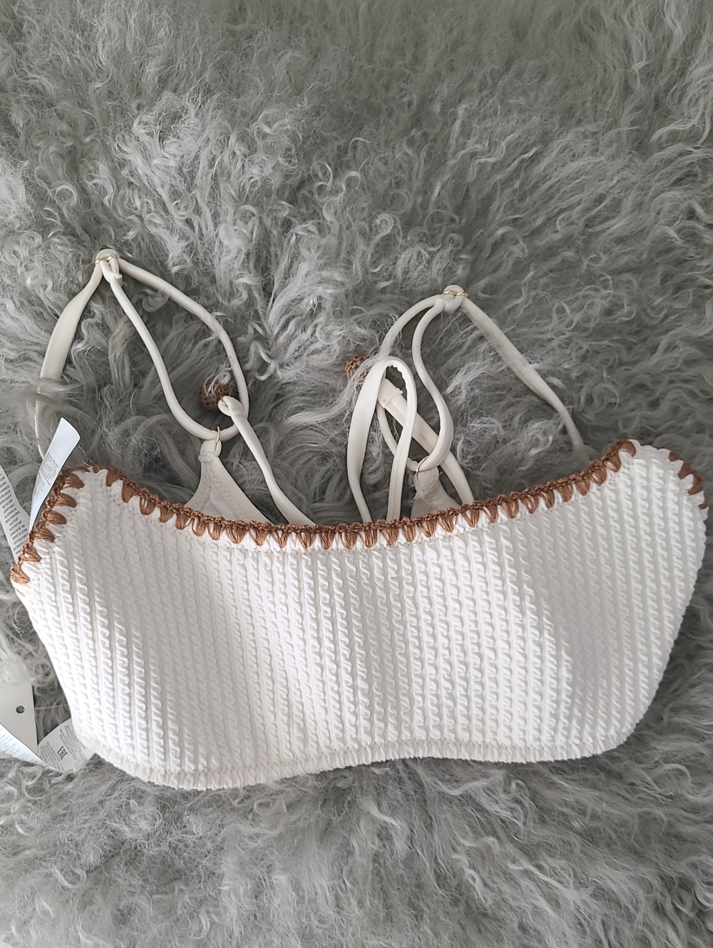 NWT Calzedonia White Textured Bikini Top with Brown Trim